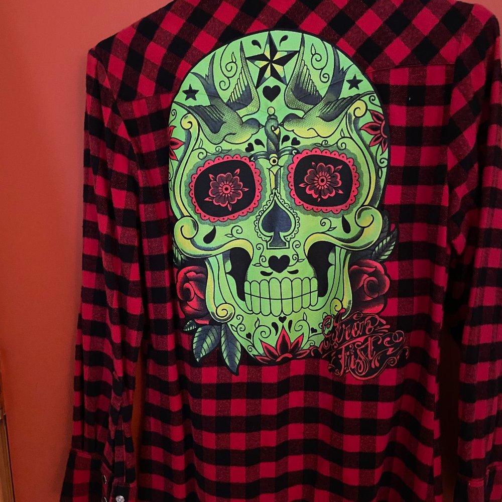 Iron Fist Small red checked flannel Sugar Skull shirt